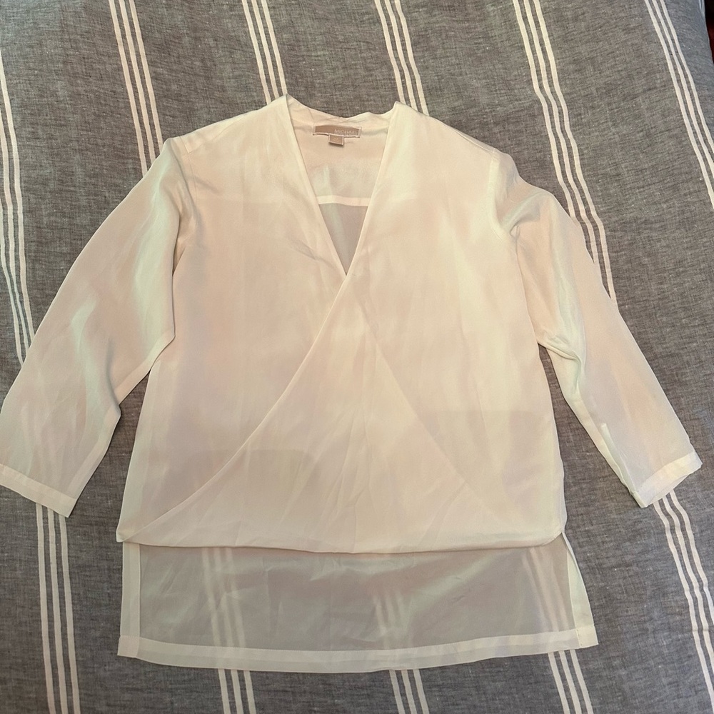 Michael Michale Kors White Chiffon French Tuck Long Sleeve V Neck Blouse